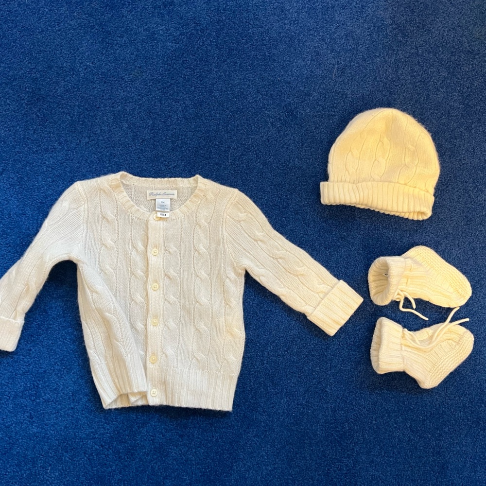 Ralph Lauren Cashmere Cable Sweater, Beanie & Bootie Set - Warm White - 6M